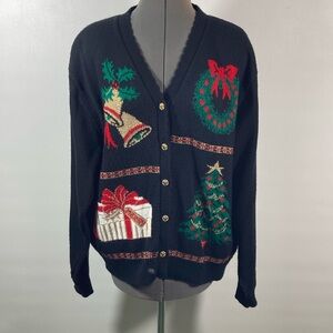 Southern Lady Christmas Sweater Size XL Black w Holliday Designs Button Front